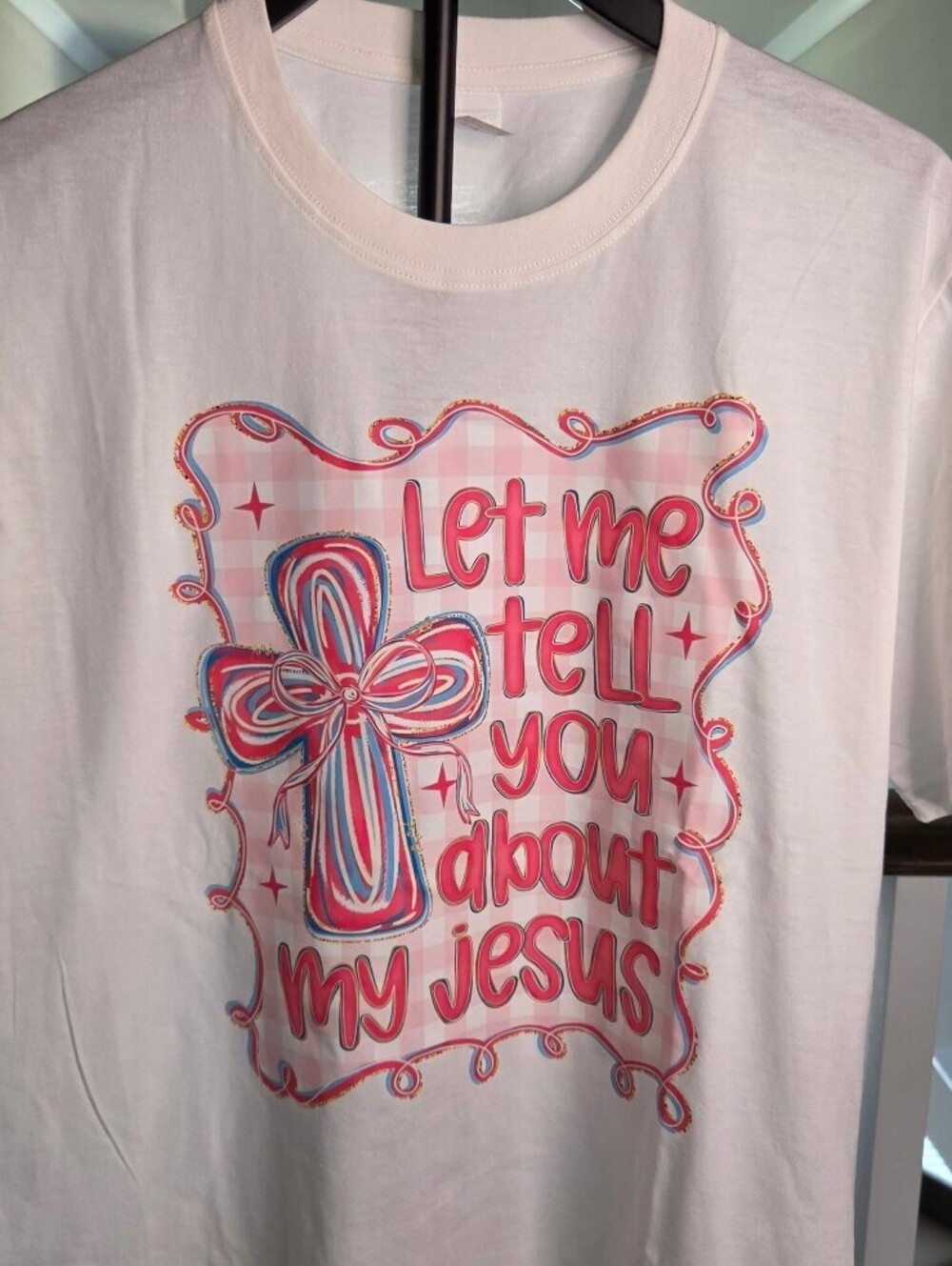 White Christian Graphic T-Shirt with Pink and Blue Cross Design